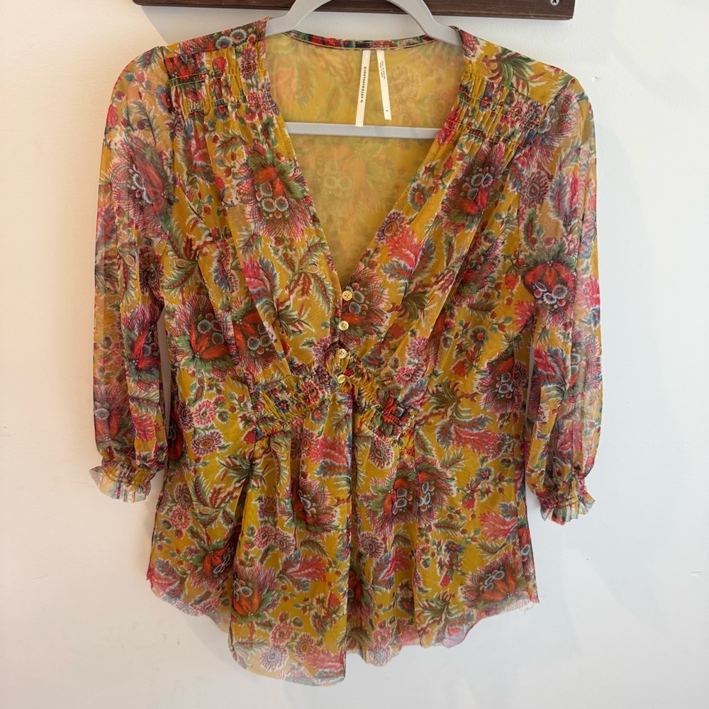 Anthropologie‎ Gretchen Sheer Floral Blouse Mustard Yellow Small